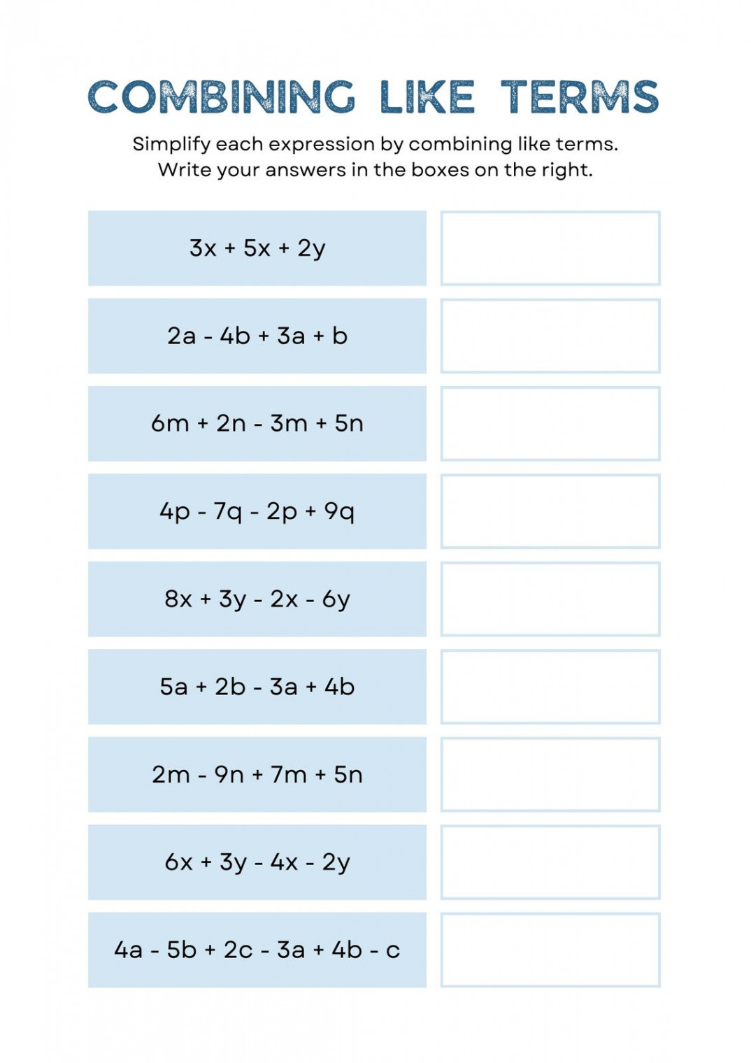 Free custom combining like terms worksheet templates  Canva