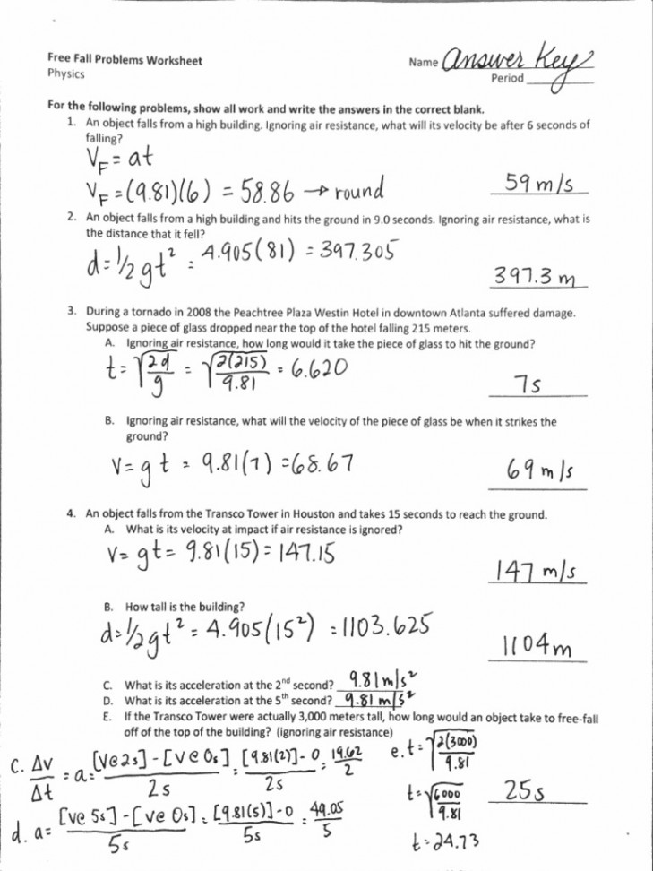 Free Fall Problems Answer Key  PDF