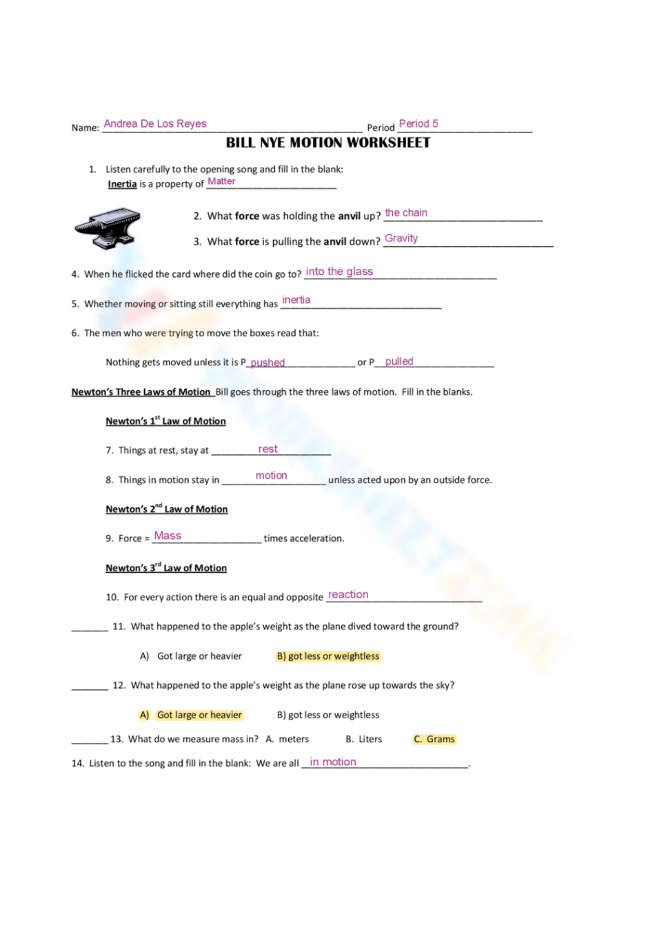 Free Printable Bill Nye Motion Worksheets for Students