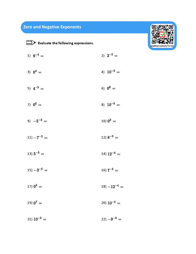 Free Printable Zero and Negative Exponents Worksheets