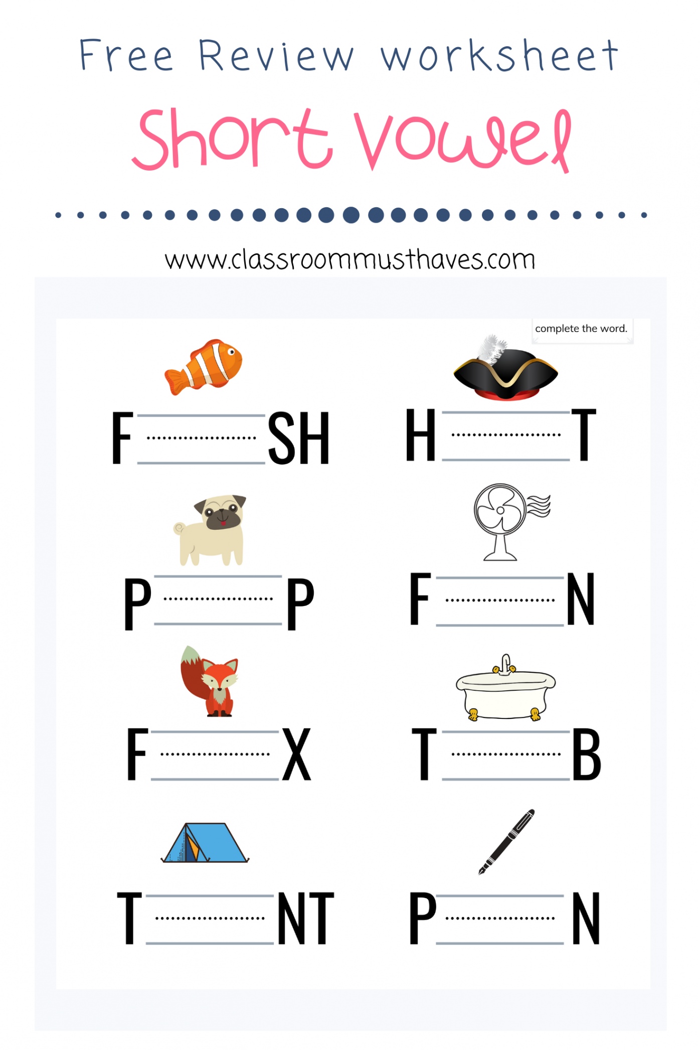 Free Short Vowel Worksheets for Kindergarten - Classroom Must Haves