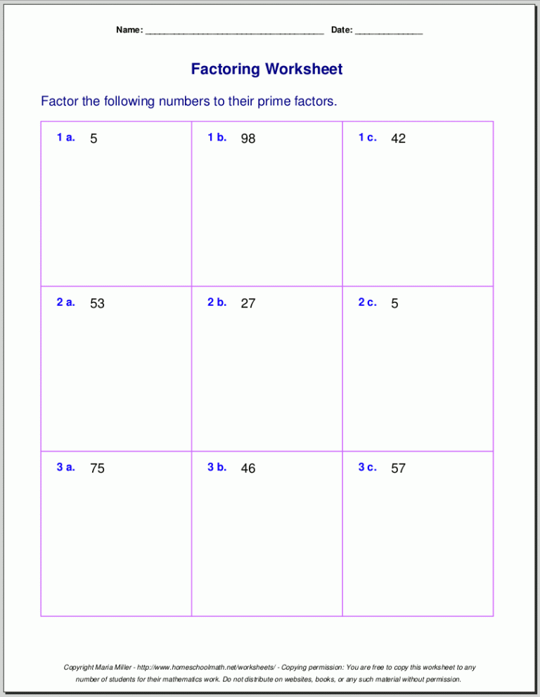 Free worksheets for prime factorization / find factors of a number