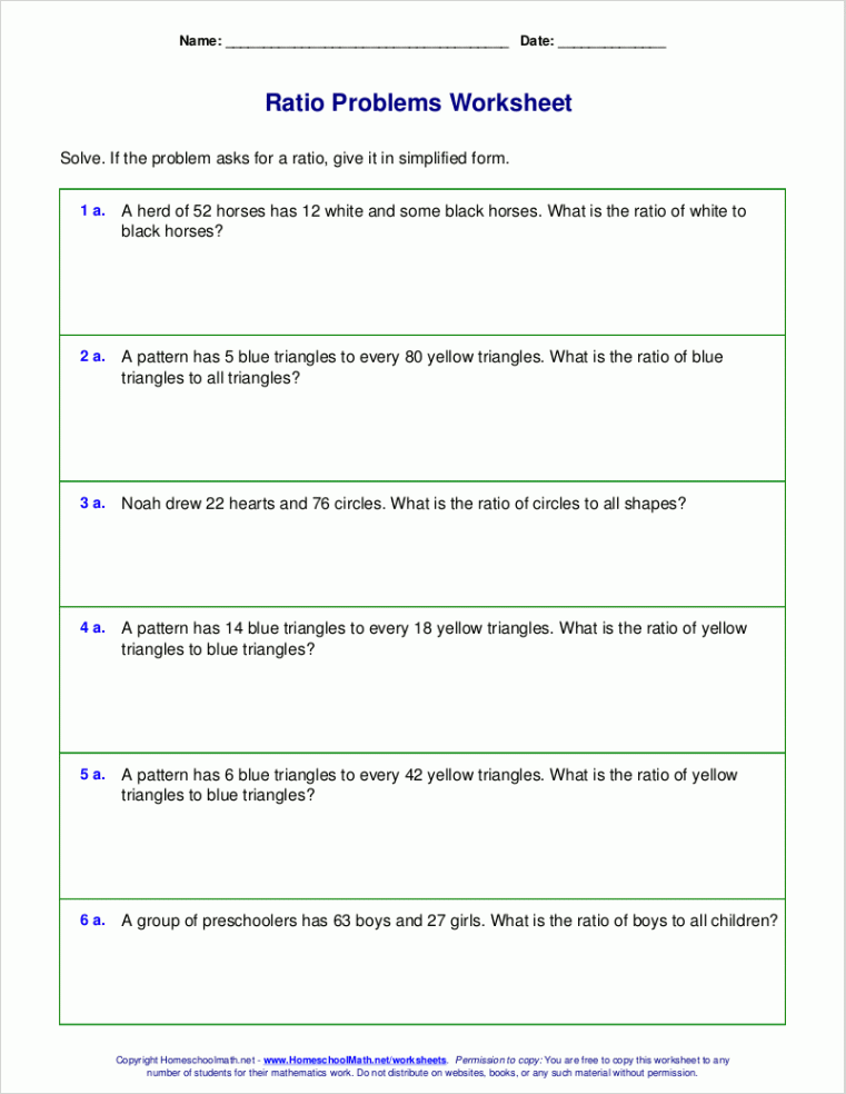 Free worksheets for ratio word problems