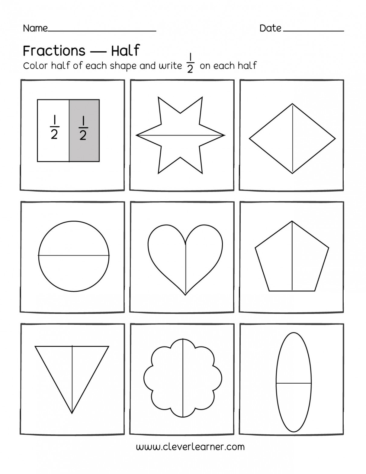 Fun activity on fractions, Half (/) worksheets for children