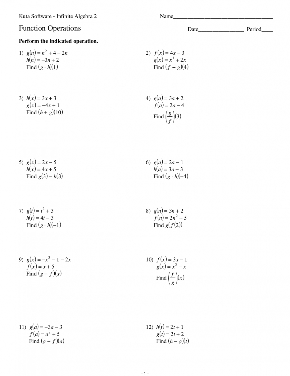 Function Operations Worksheet with Solutions  Exercises