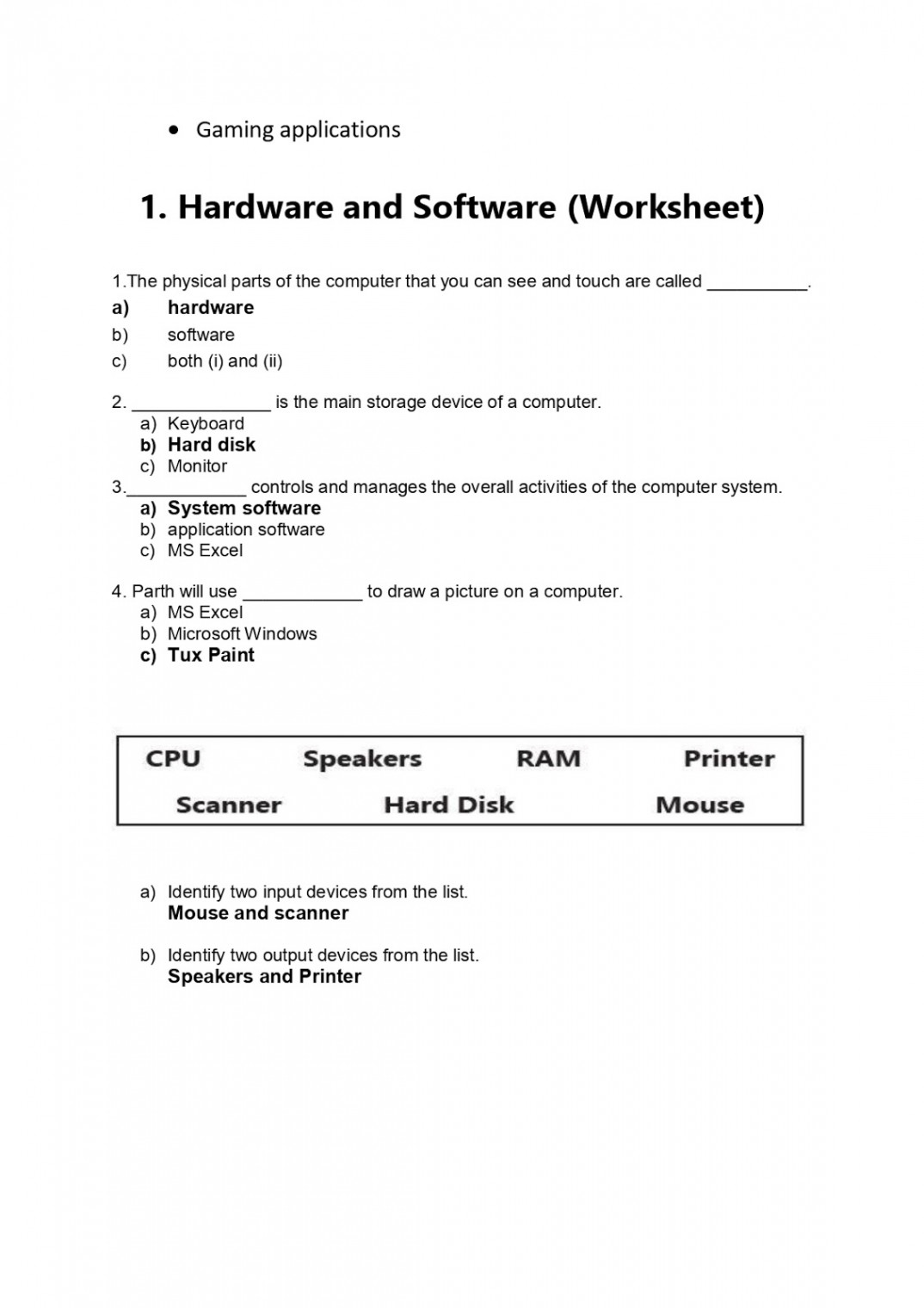 Grade :  Computer : Ch. Hardware and Software N.B. and W.S