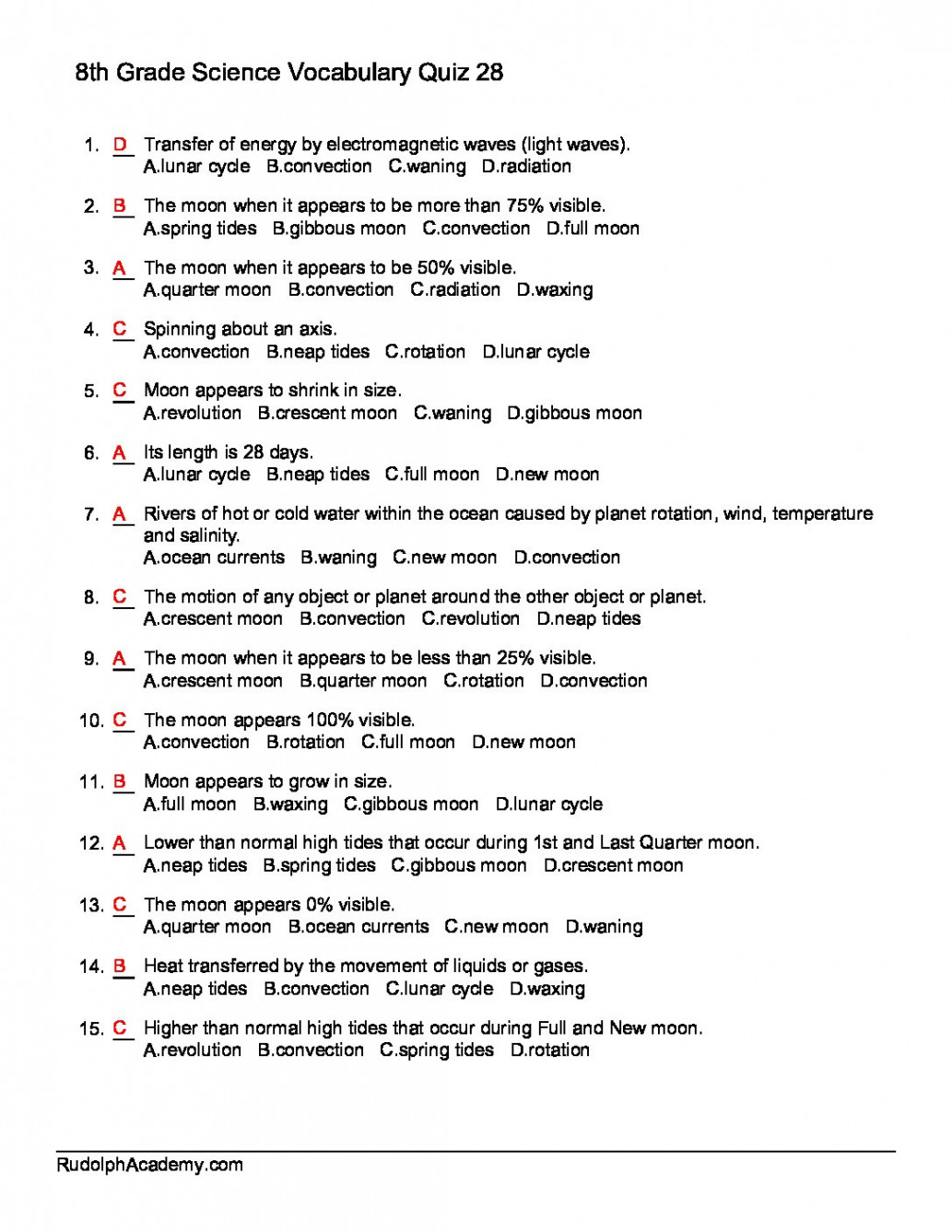 Grade  Science Terms Quiz 2 Answers - Academic Worksheets - FREE