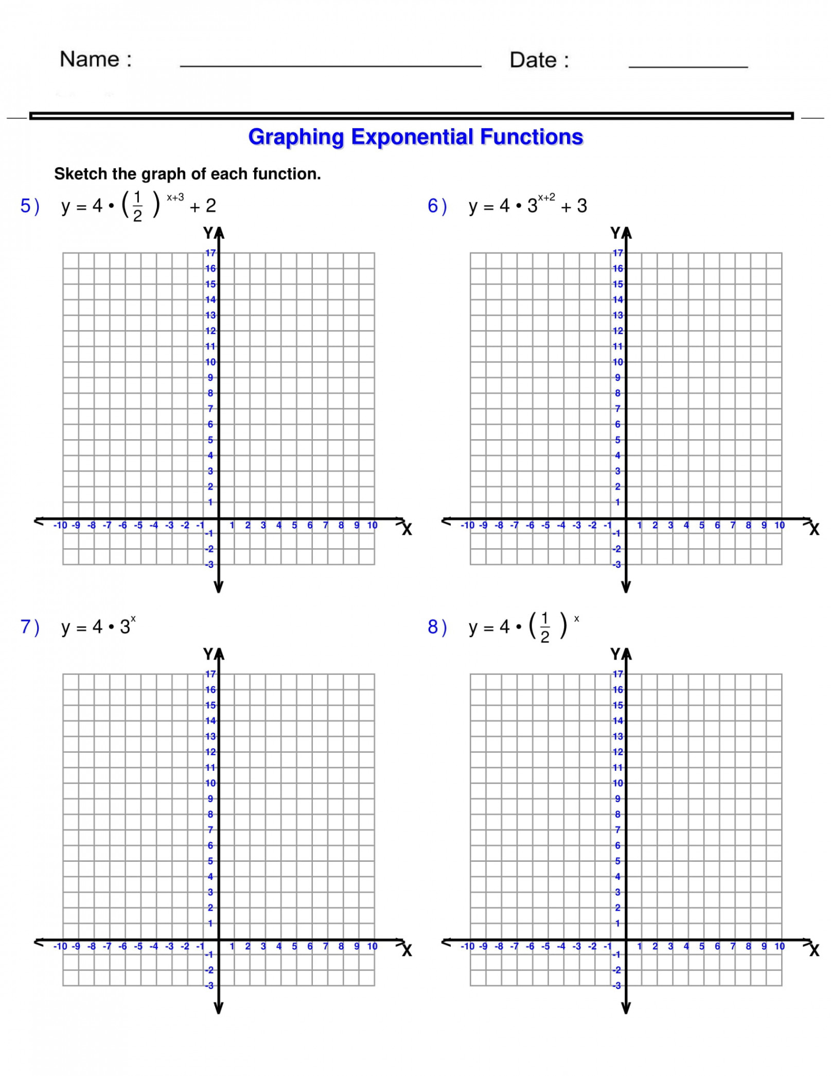 Graphing Exponential Functions - Exponents Worksheets - Algebra