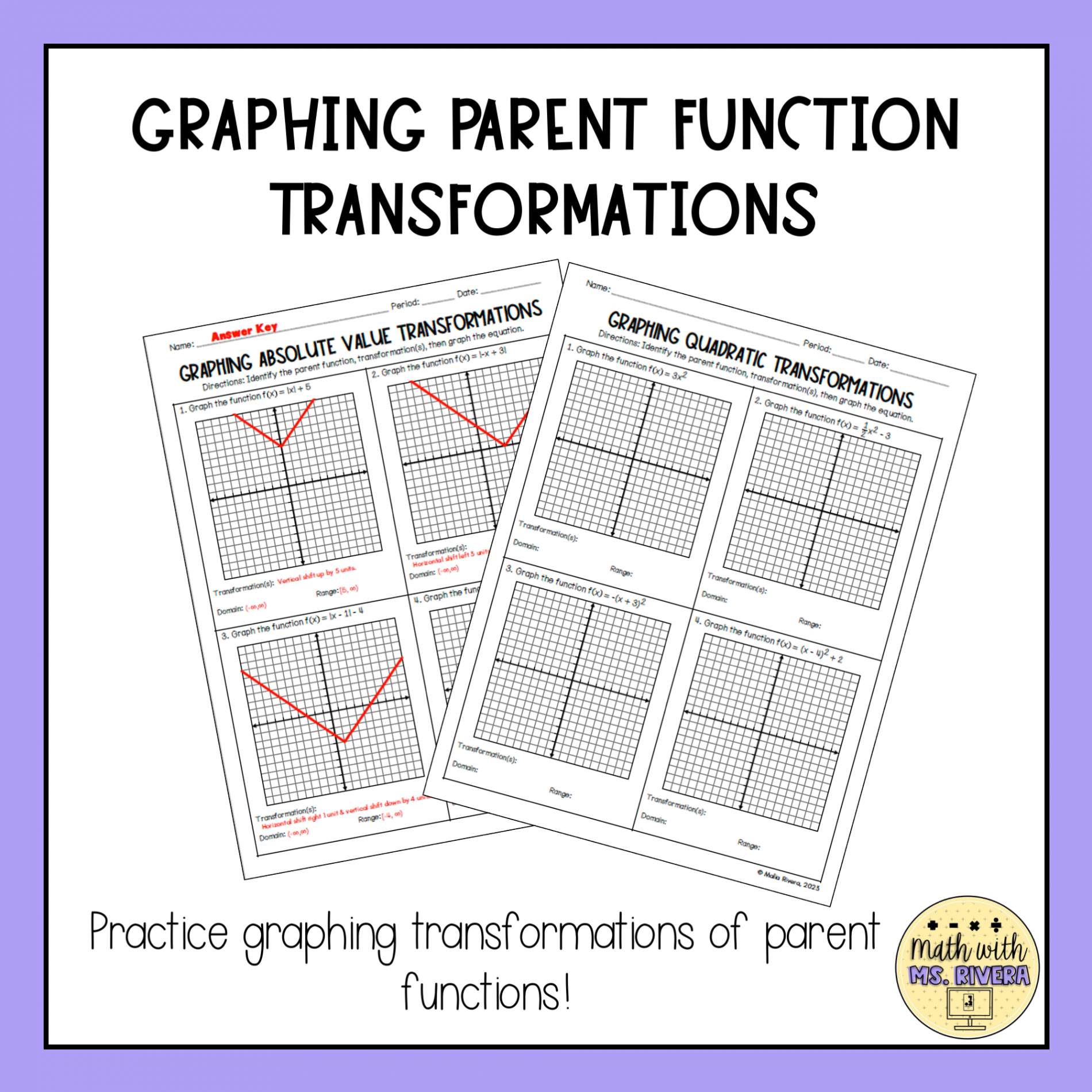 Graphing Parent Function Transformations Worksheets