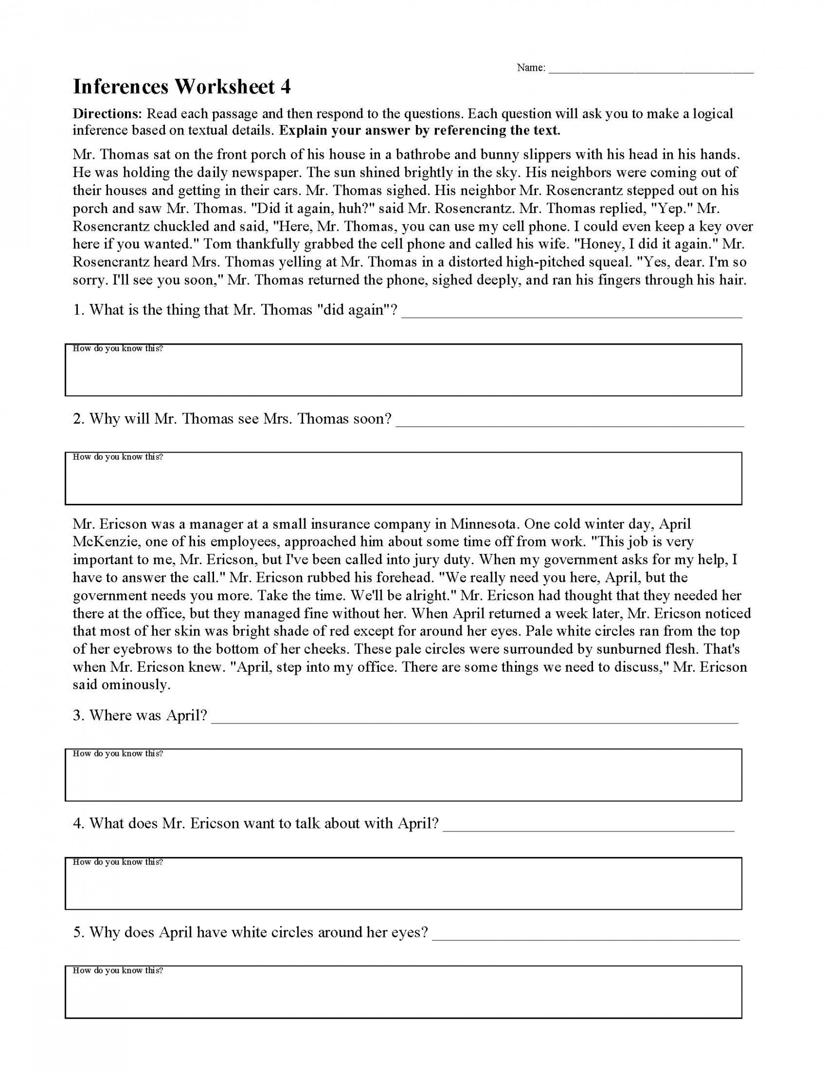 Inferences Worksheet   Reading Activity