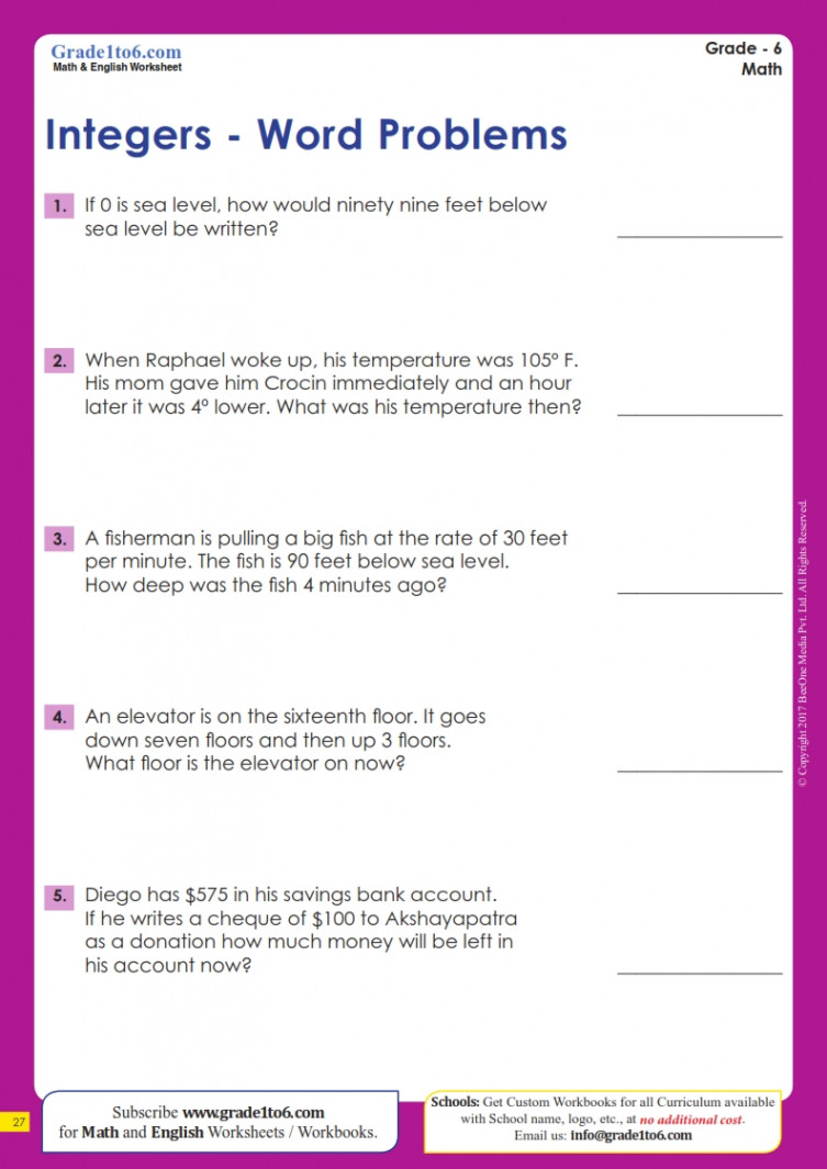 Integers Word Problems  Grade