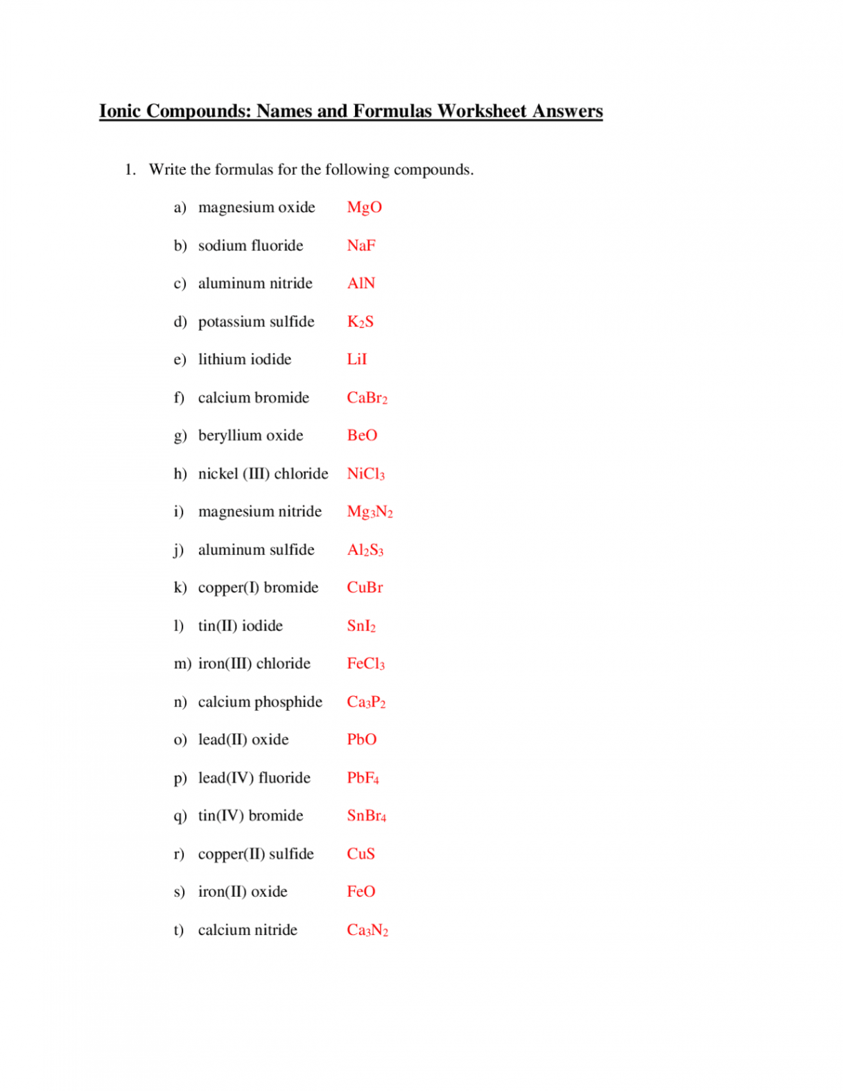 Ionic Compounds: Names and Formulas Worksheet Answers  Exercises