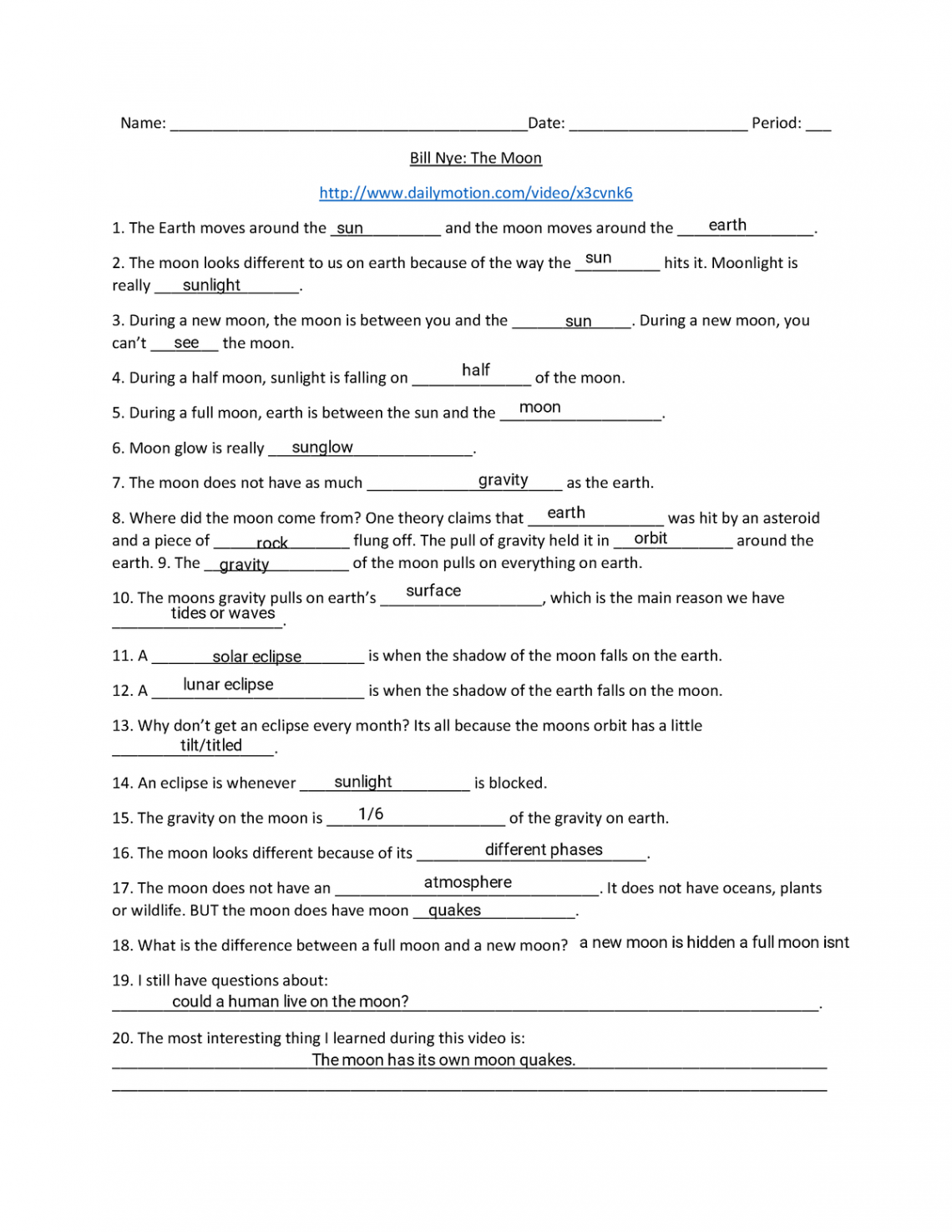 Kami Export - Bill Nye The Moon Worksheet - Name: : - Studocu