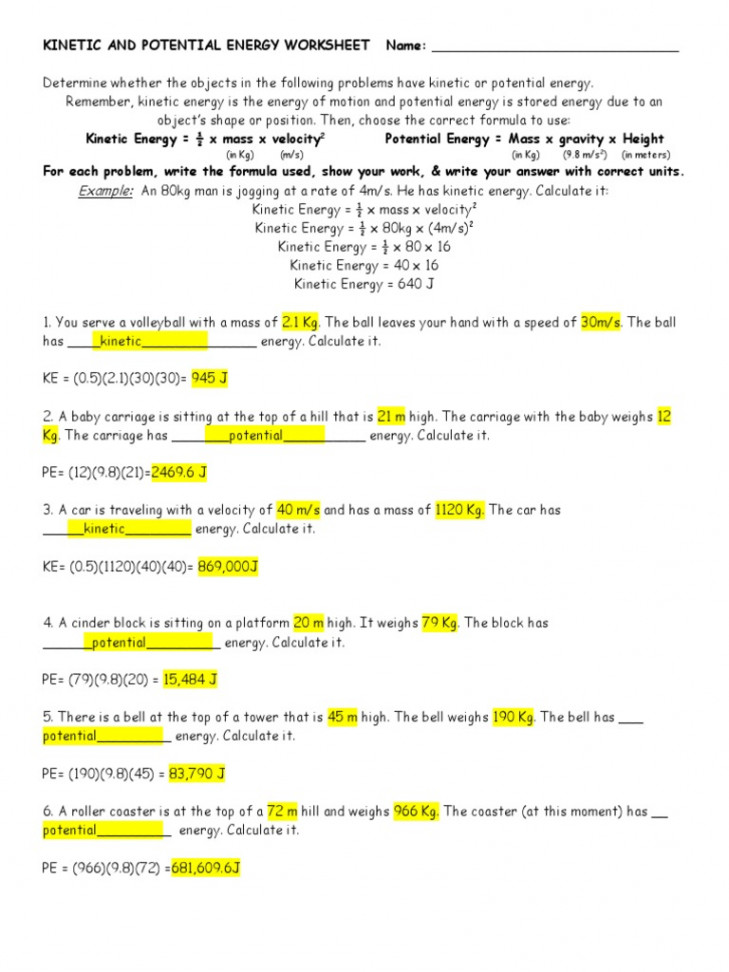 Kinetic-And-Potential-Energy-Worksheet-Examples Key PDF  PDF