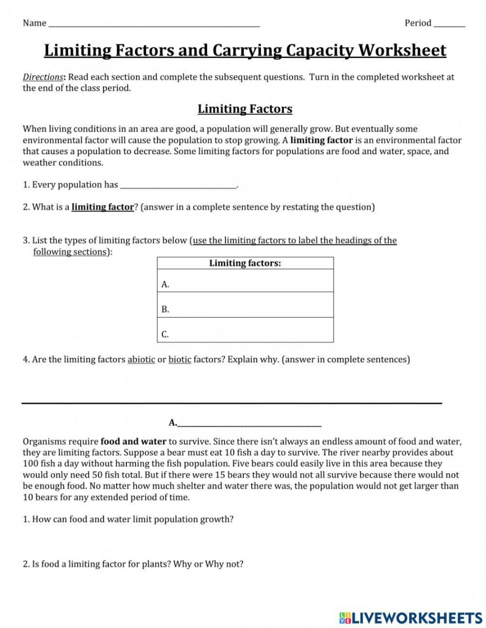 Limiting Factors and Carrying Capacity Worksheet online exercise