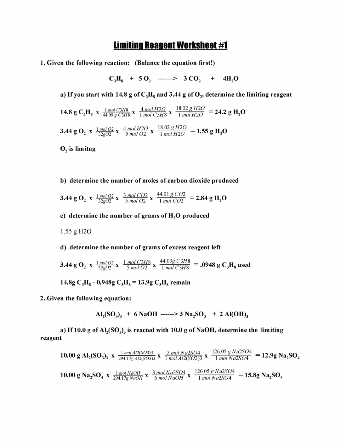 Limiting Reagent Worksheet  and  - Limiting Reagent Worksheet #