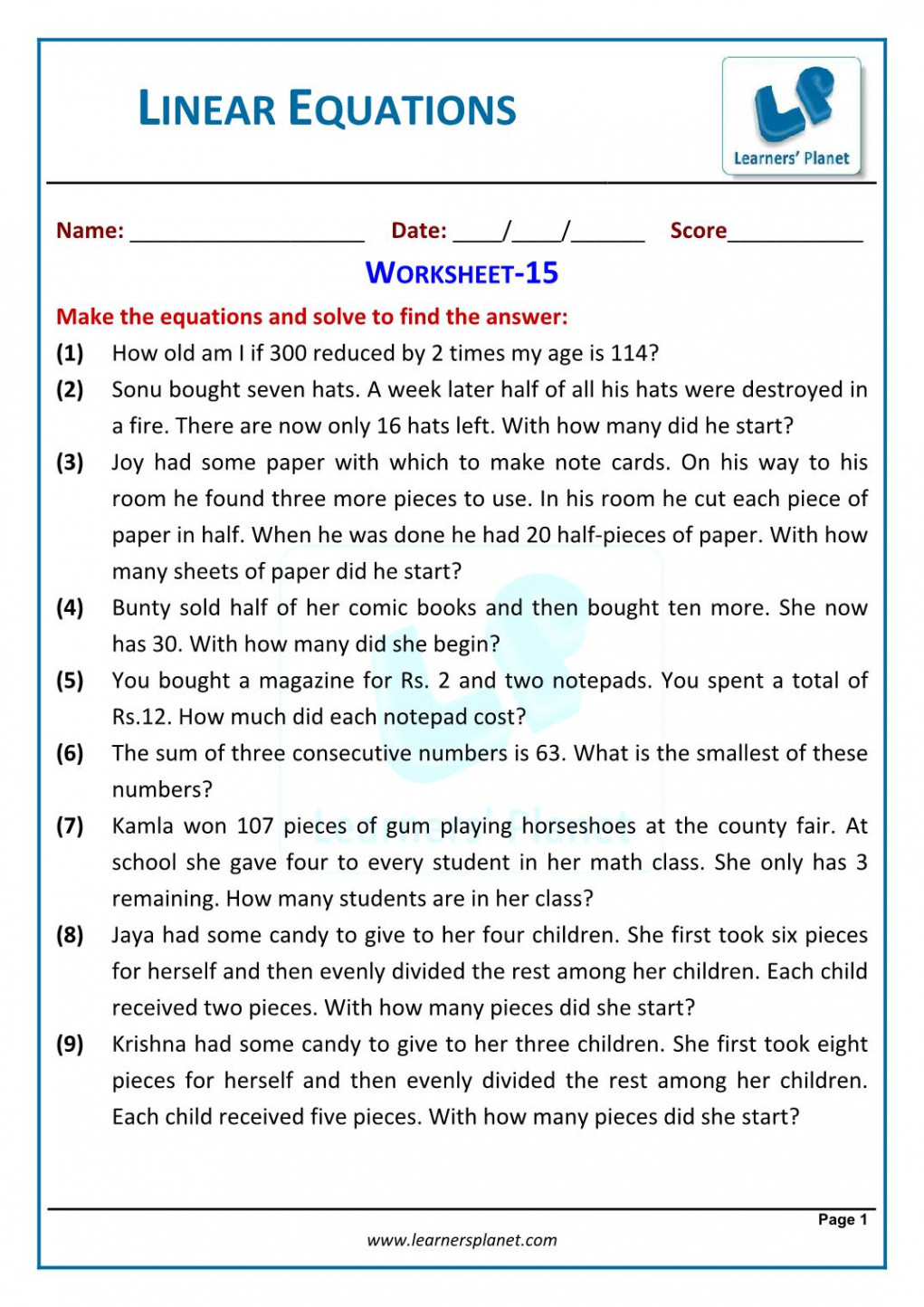 Linear equation word problems worksheet with answer