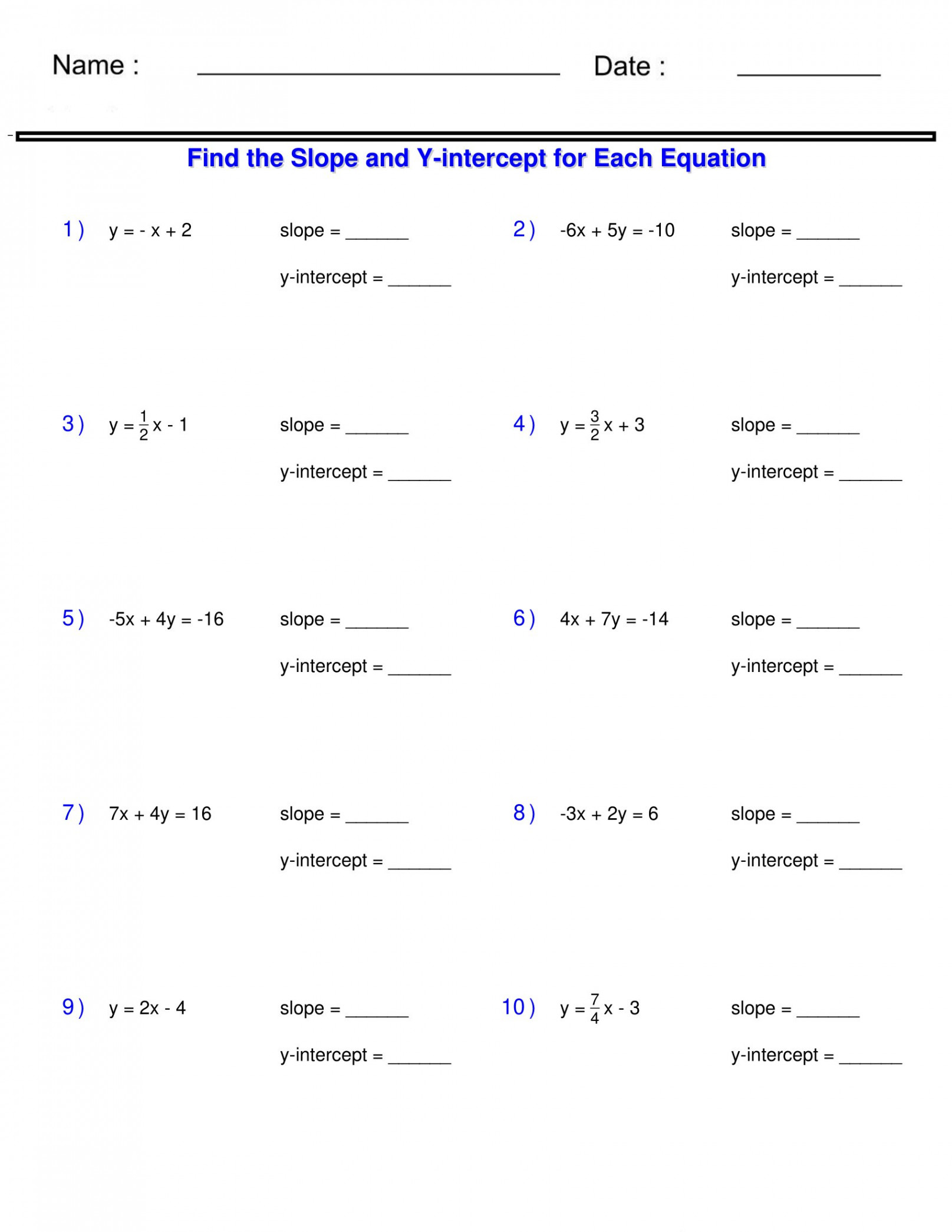 Linear Functions - Finding Slope and Y-intercept from an Equation Worksheets