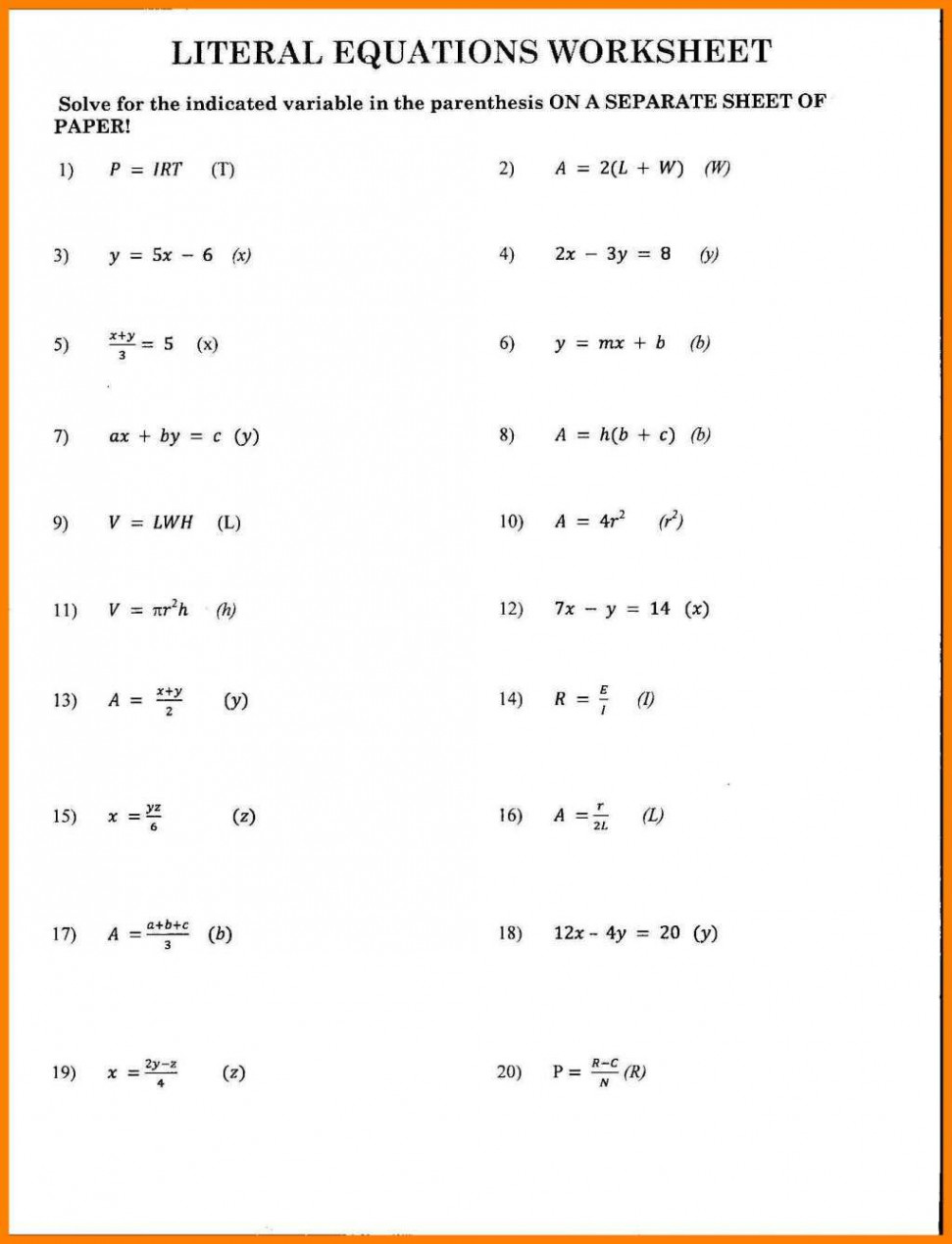 + Literal Equations Worksheet Answers With Work  Literal