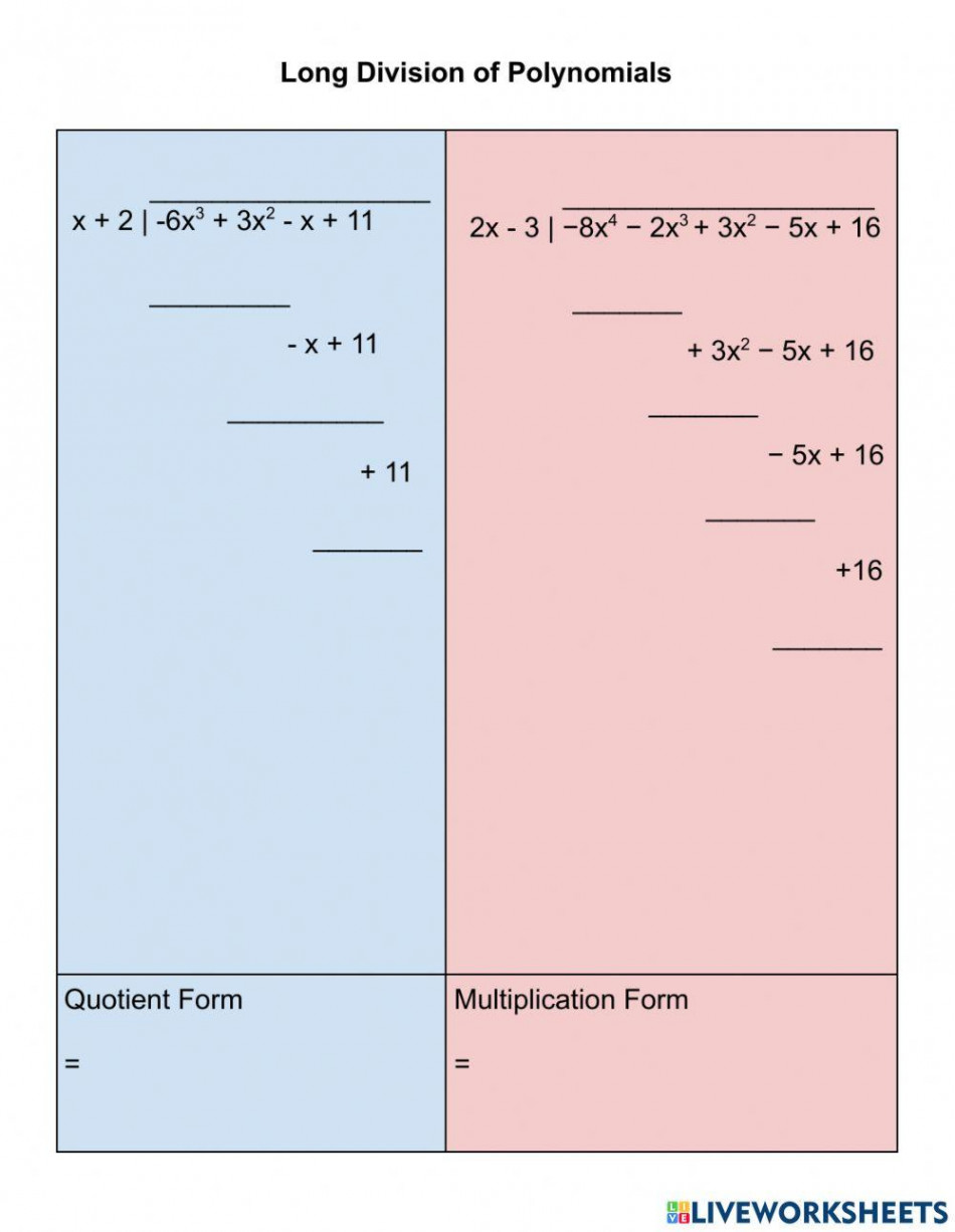 Long division of polynomials interactive worksheet  Live Worksheets