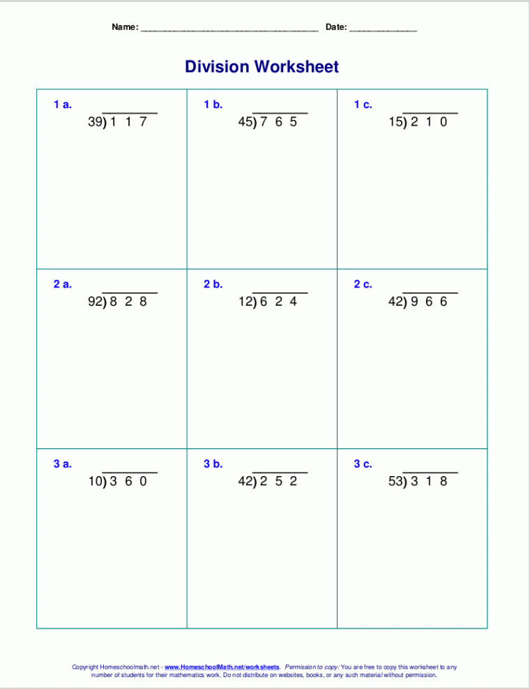 Long division worksheets for grades -