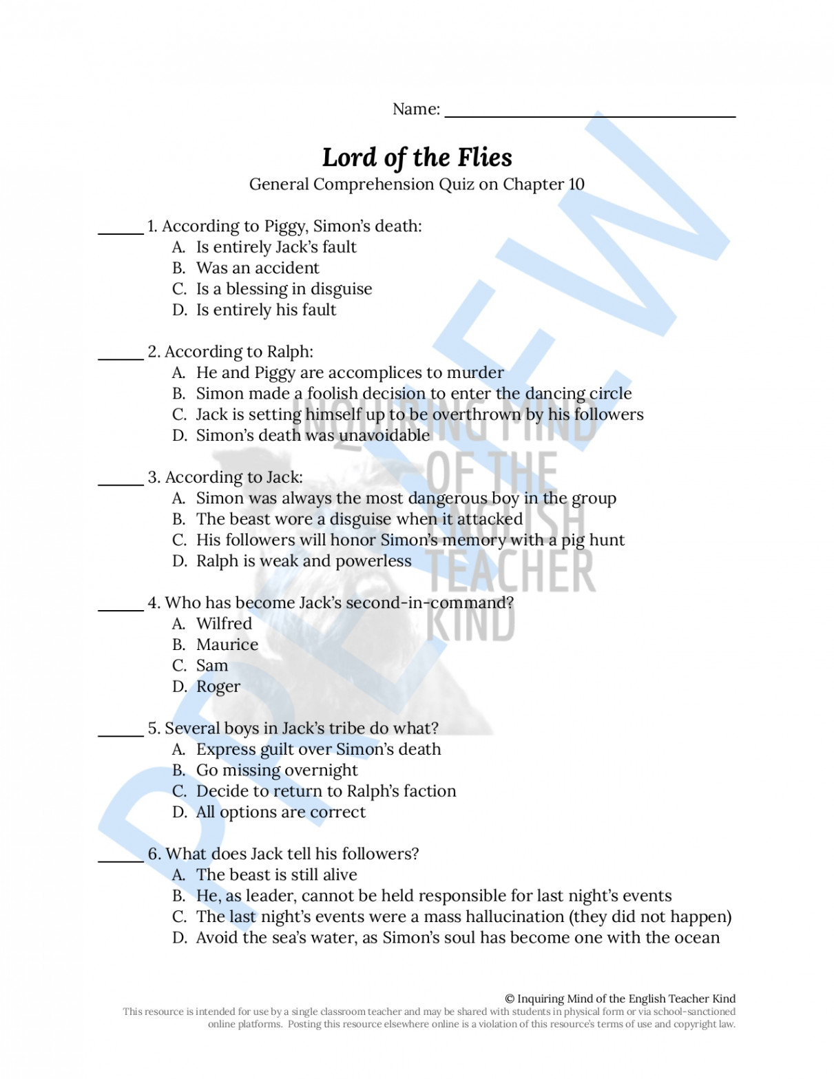 Lord of the Flies Chapter  Quiz and Answer Key