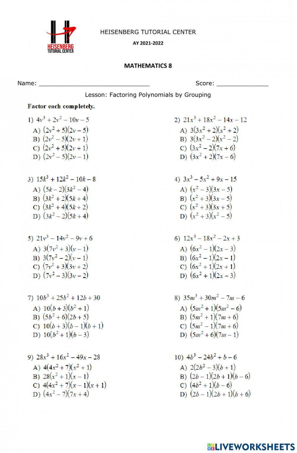 M:factoring polynomials worksheet  Live Worksheets