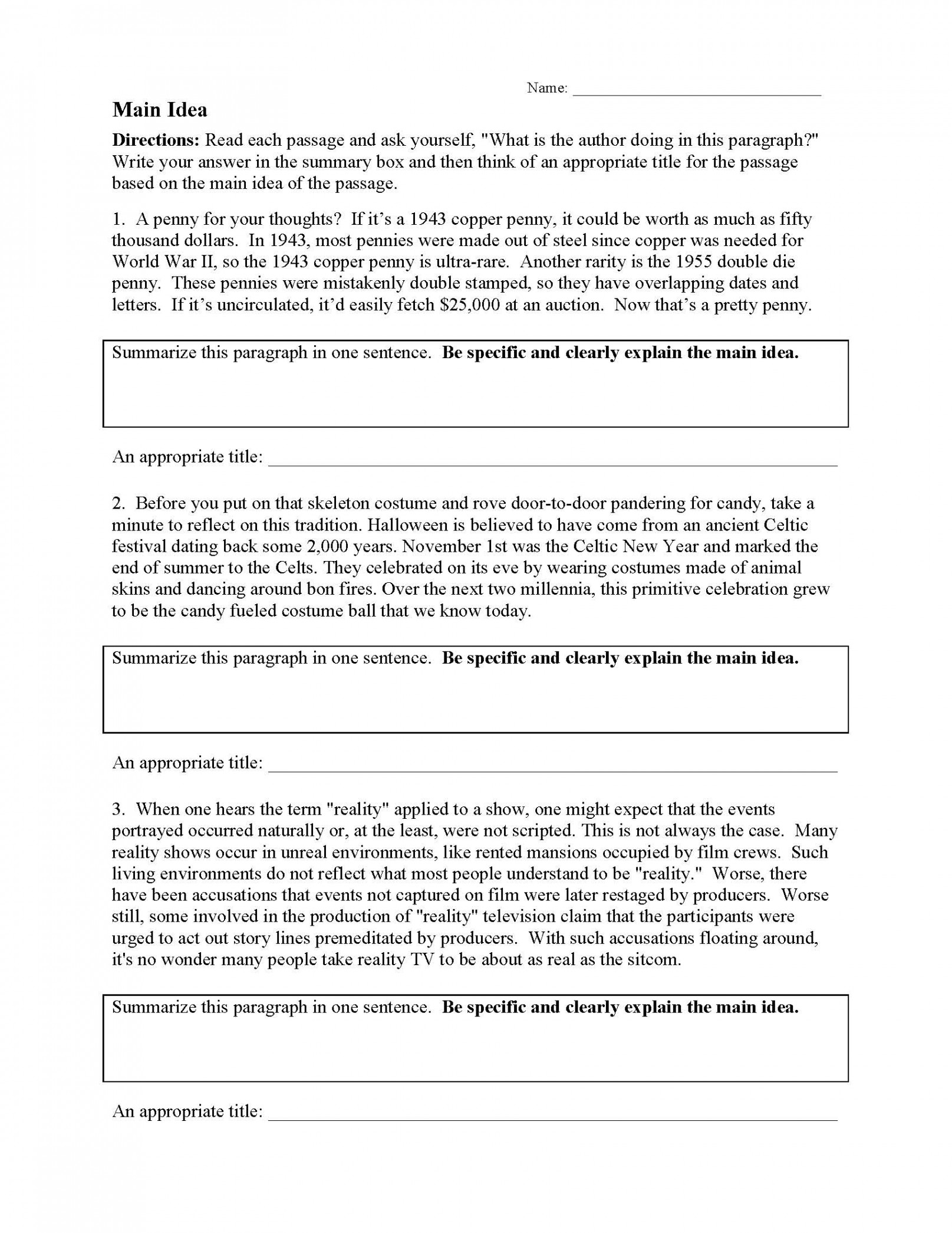 Main Idea Worksheet   Reading Activity