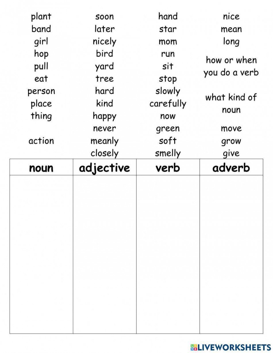 Match Nouns, Verbs, Adverbs, and Adjectives worksheet  Live