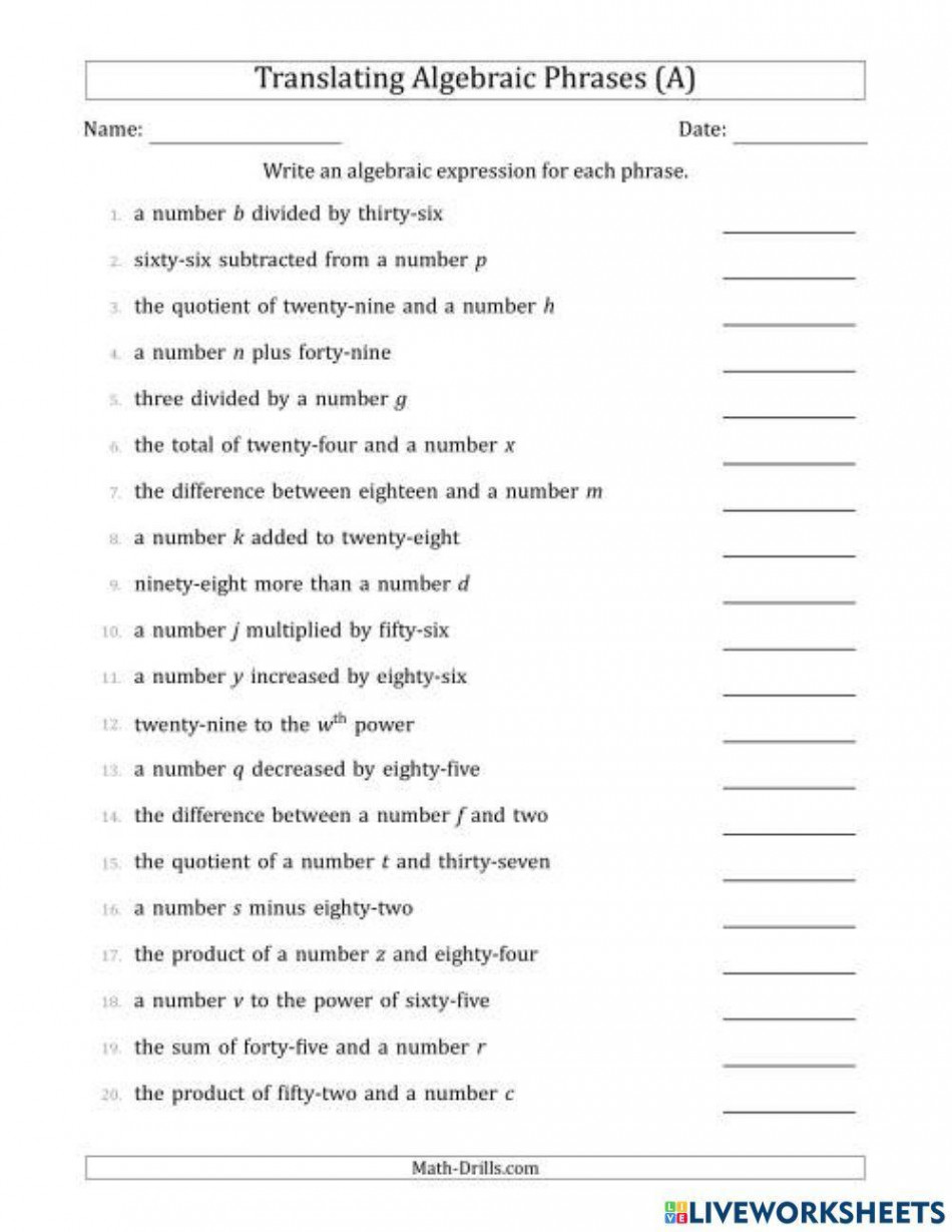 Math Writing Algebraic Expressions Worksheet worksheet  Live