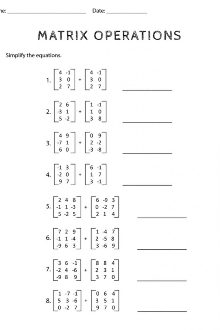 Matrix Addition and Subtraction Worksheets  Addition and