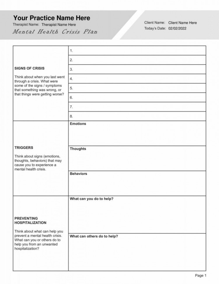 Mental Health Crisis Plan (Editable, Fillable, Printable PDF