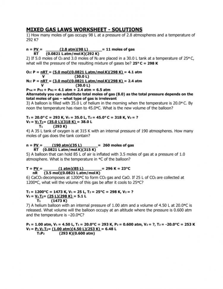 Mixed Gas Law Problems Worksheet  Chemistry worksheets, Ideal gas