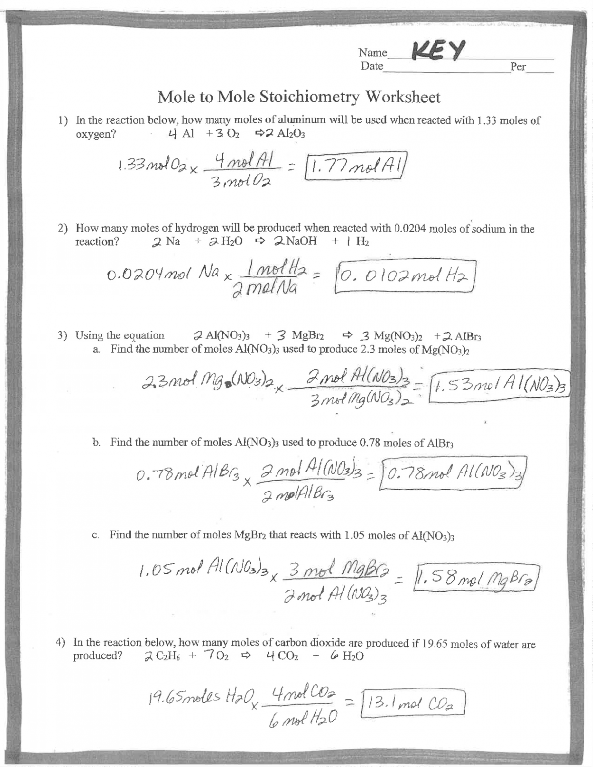 Mole to Mole Stoichiometry Worksheet Key  Exercises Chemistry