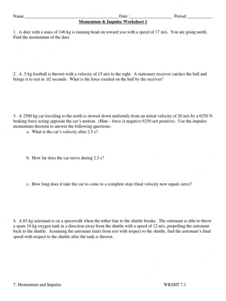 Momentum and Impulse Worksheet   PDF  Collision  Momentum