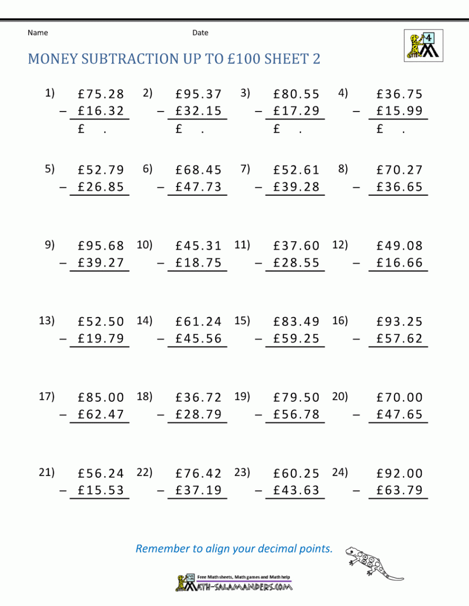 Money Subtraction Worksheets UK Money