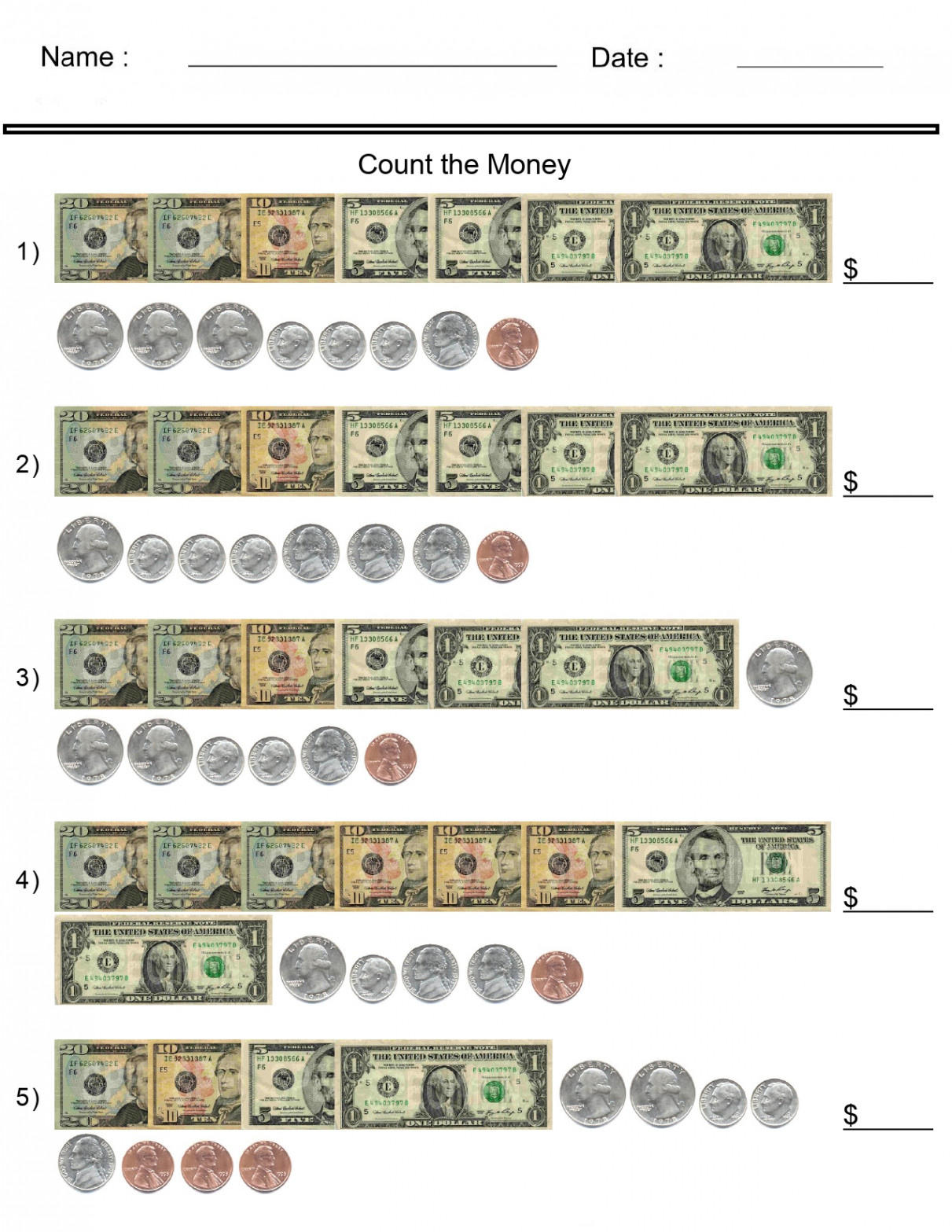 Money Worksheets - Counting United States Bills and Coins