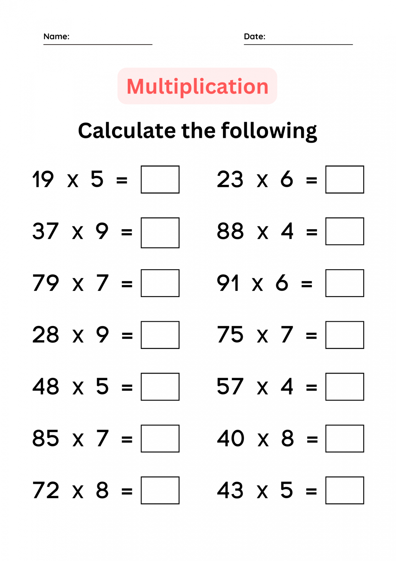 Multiplication Facts Fluency Practice Basic Math Worksheets for grade , ,