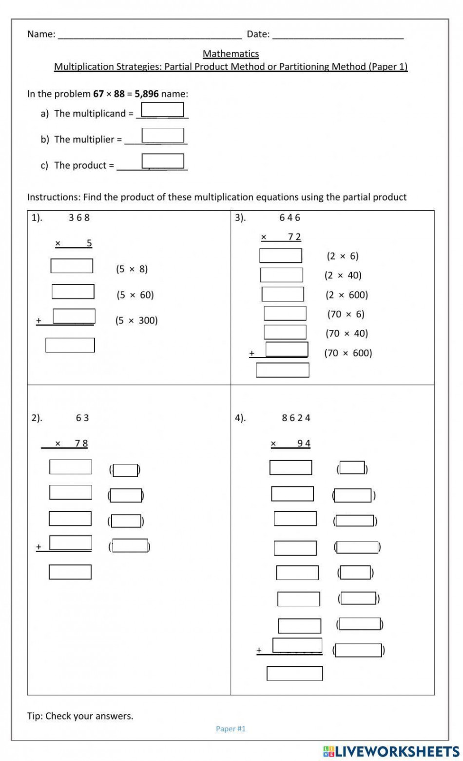 Multiplication Strategies: Partial Products (Part A) worksheet