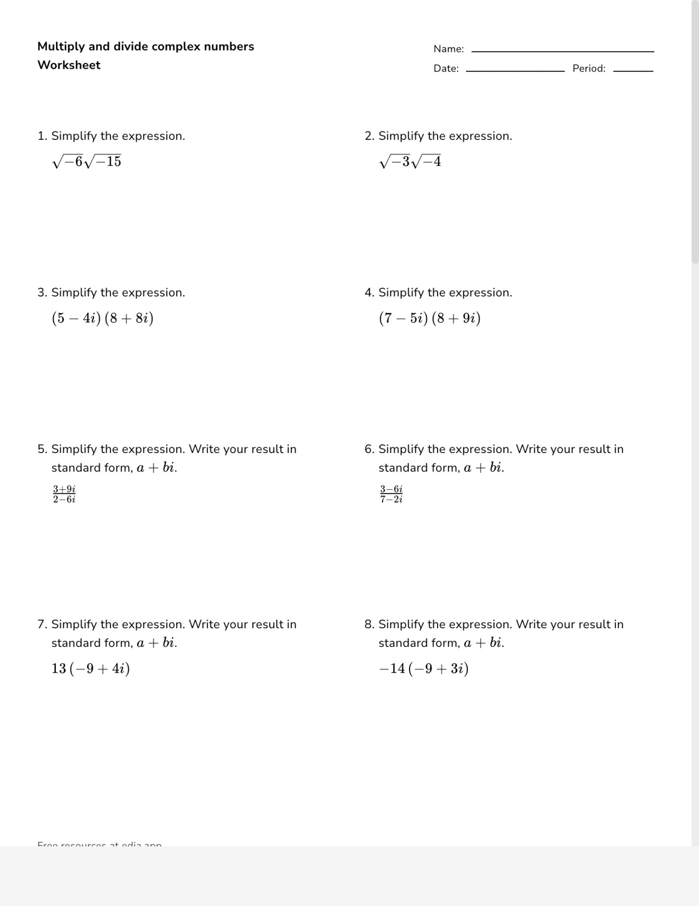 Multiply And Divide Complex Numbers - Worksheet