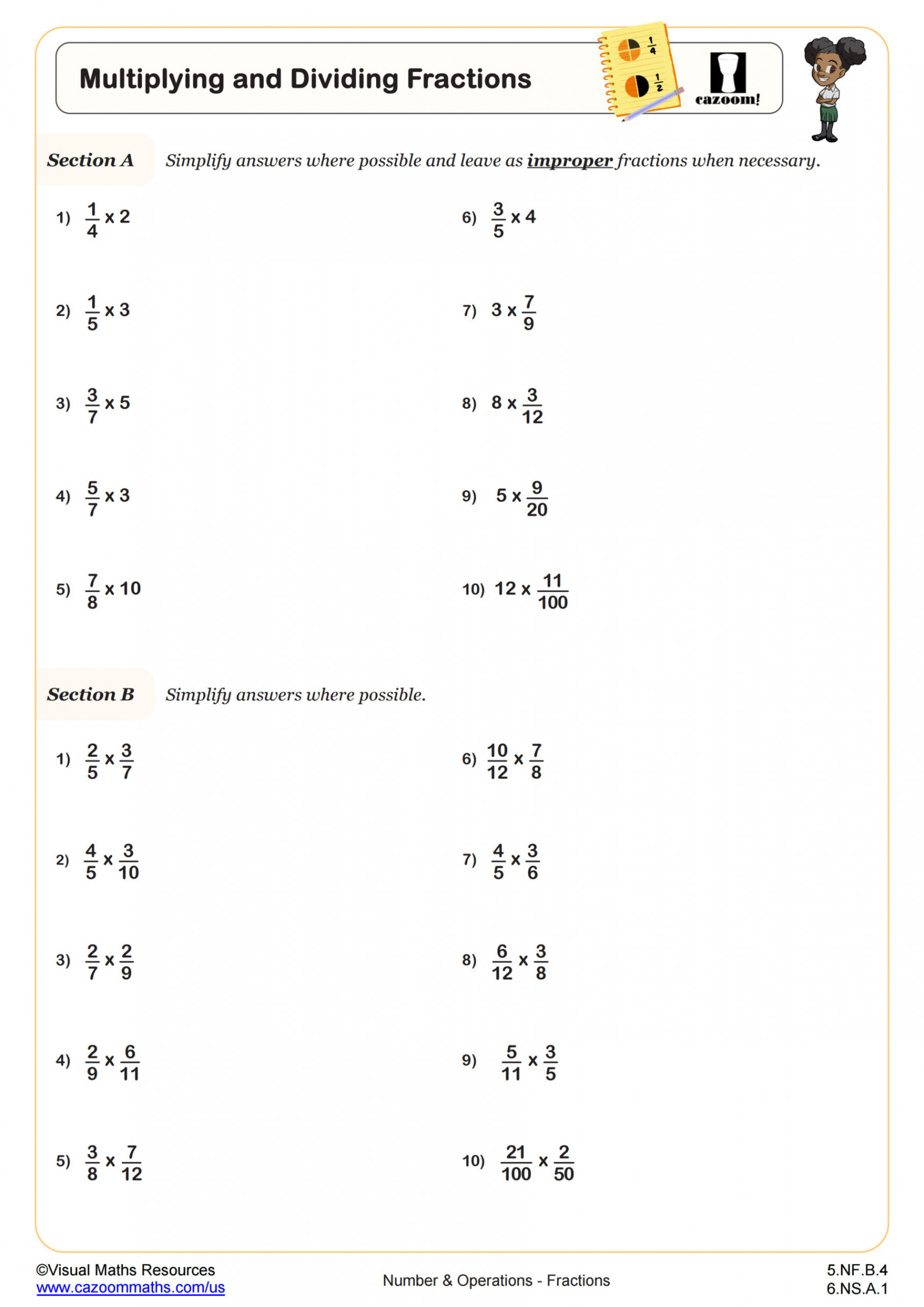 Multiplying and Dividing Fractions Worksheet  th Grade PDF