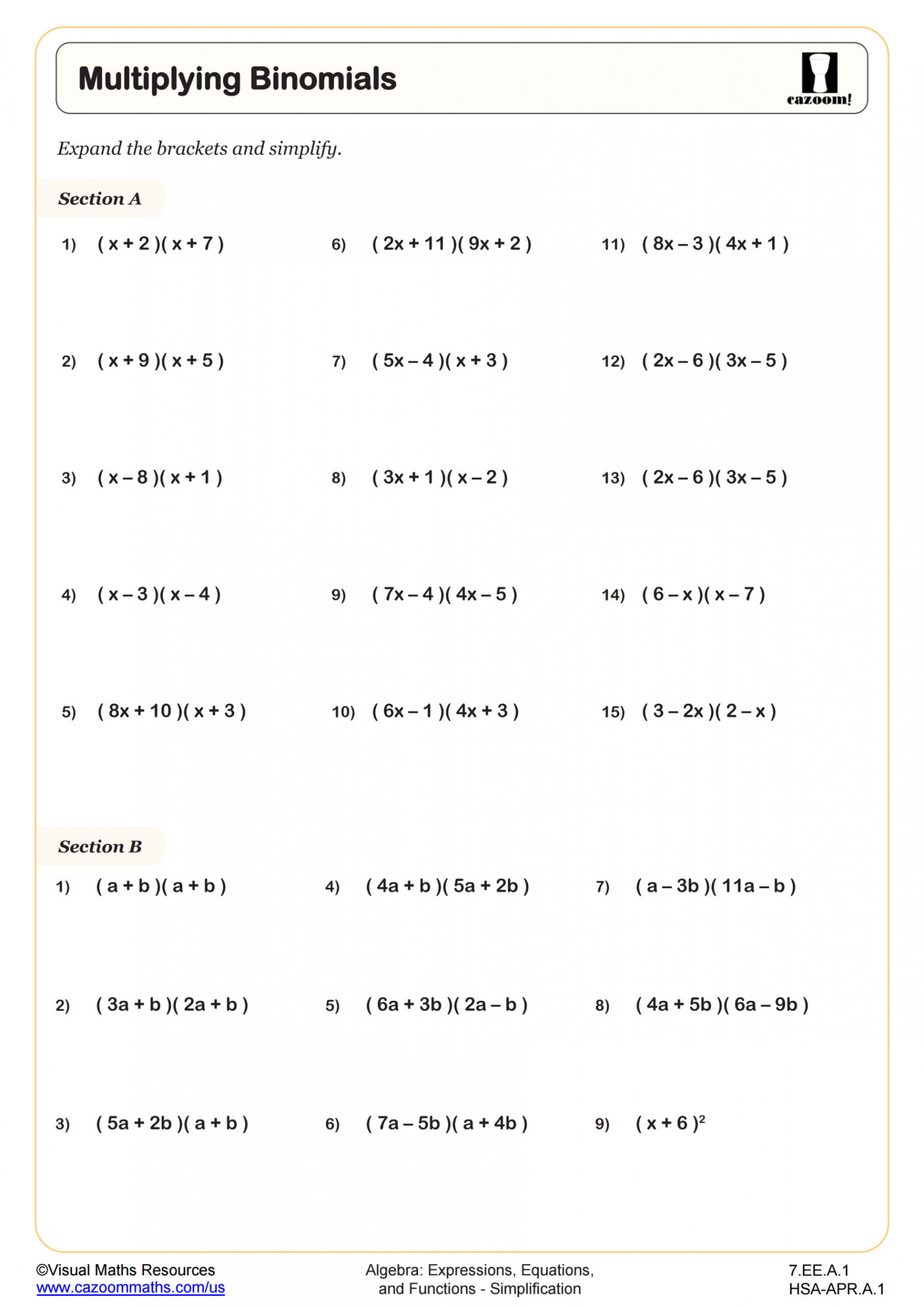 Multiplying Binomials Worksheet  PDF Printable Algebra Worksheet