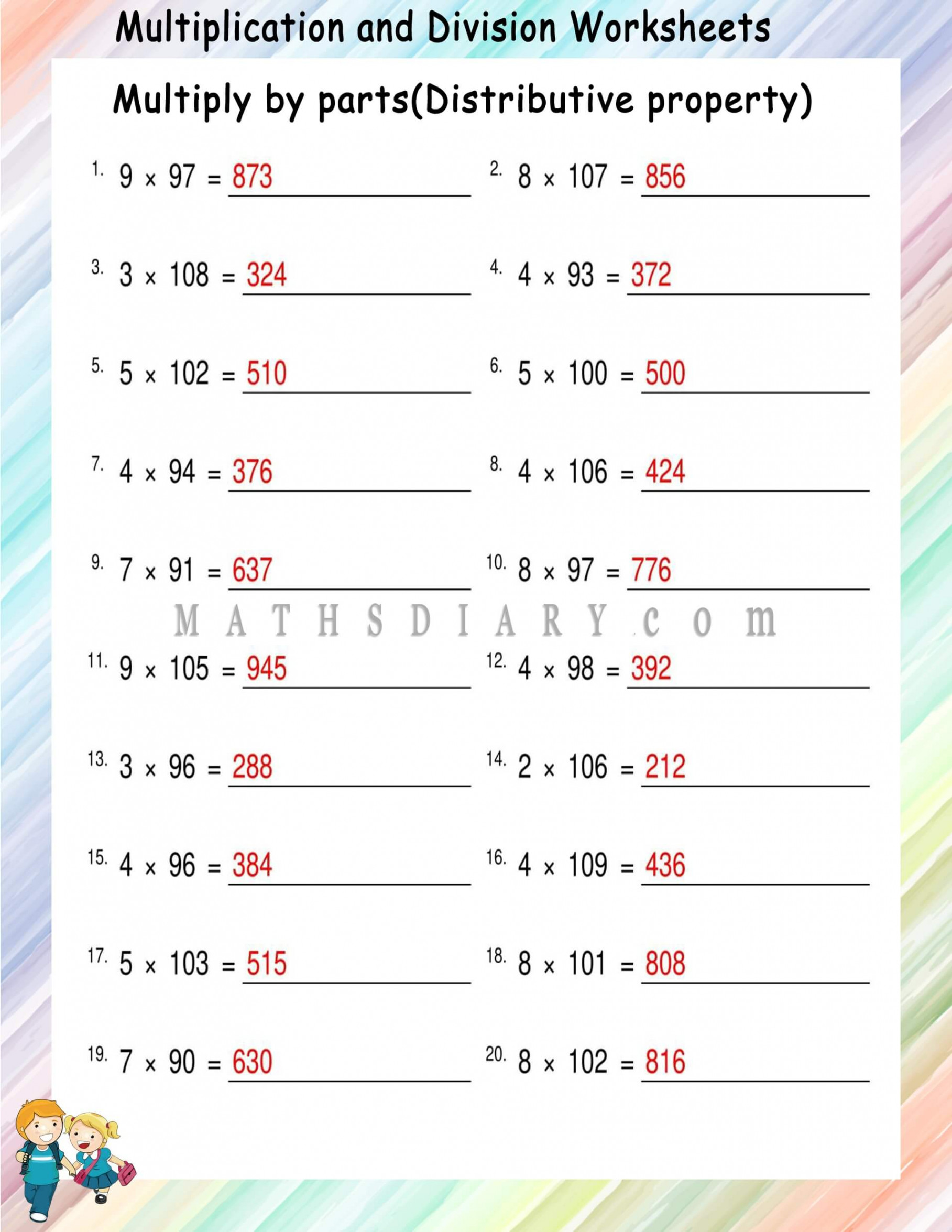 Multiplying By Parts(Distributive Property) worksheets - Math