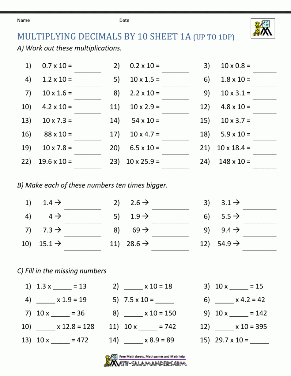 Multiplying Decimals by  0 Worksheets