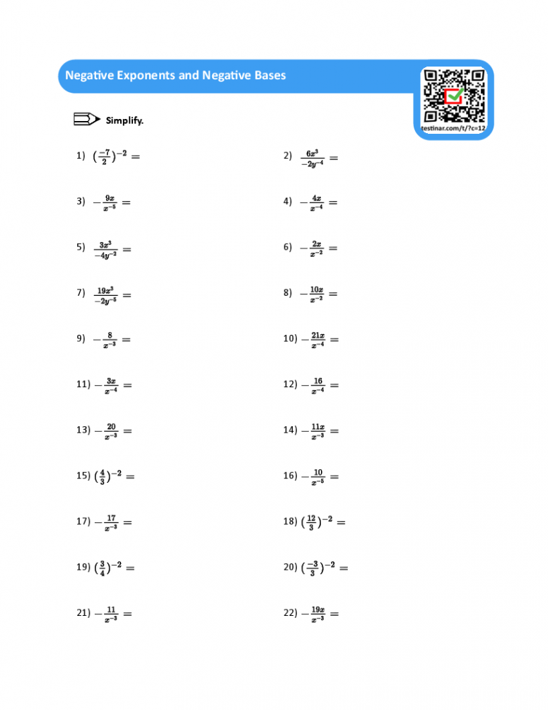 Negative Exponents and Negative Bases worksheets