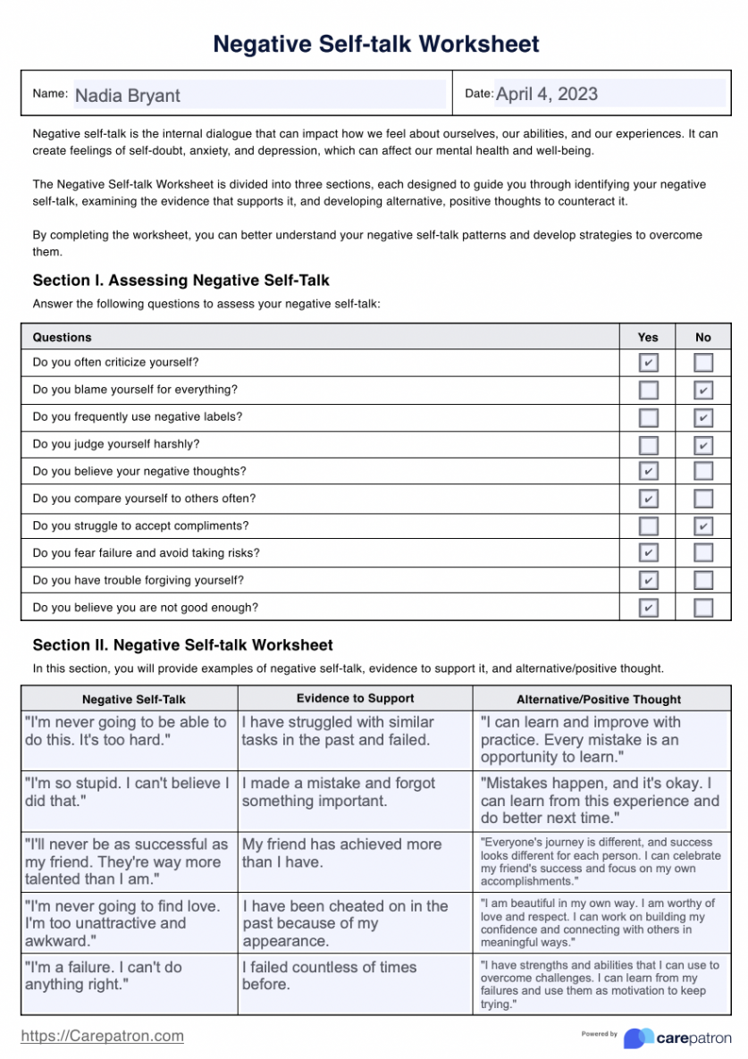 Negative Self-Talk Worksheet & Example  Free PDF Download