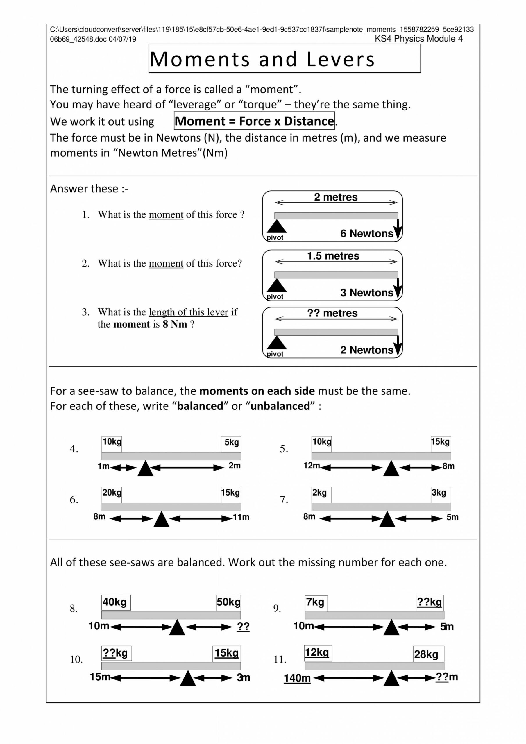 Notes On Moment Worksheet - Notes