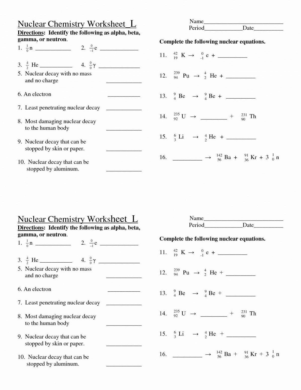 Nuclear Decay Worksheet Answer Key  Nuclear Chemistry Worksheet