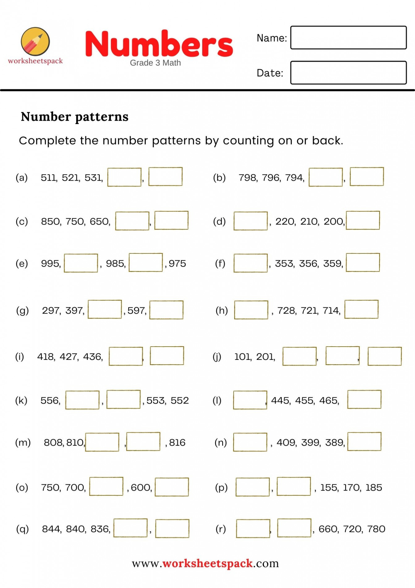 NUMBER PATTERNS WORKSHEET FOR GRADE  MATH (EASY MATH)  Number