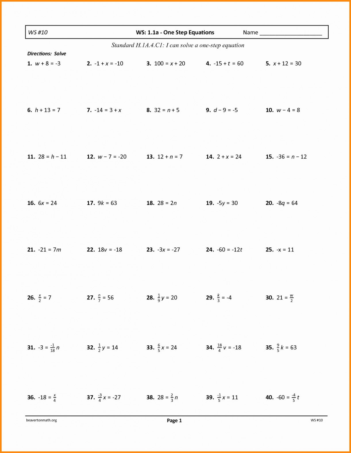 One Step Equations Worksheet Pdf Best Of solving  Step Equations